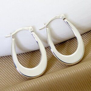 Real Sterling Silver Flat Horseshoe Hoop Earrings Stamped 925, Oval Hinged Hoops